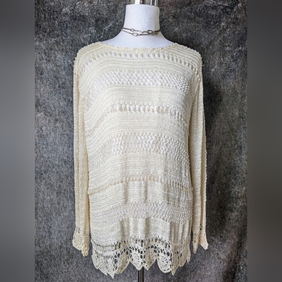 Y2K Cottagecore Crochet Beaded Cream Sweater - Picture 2 of 7